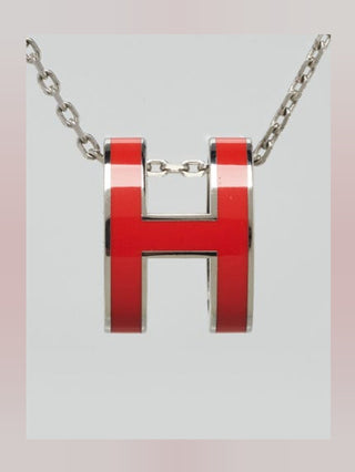 Hermes Red Enamel and Palladium Plated Pop H Pendant Necklace