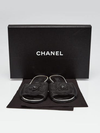 CHANEL Black Mesh Camellia Flower Open Toe Flat Sandals 39.5 sz
