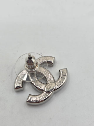 Chanel Silver-tone 2022 Strass Interlocking CC Mismatched Stud Earrings