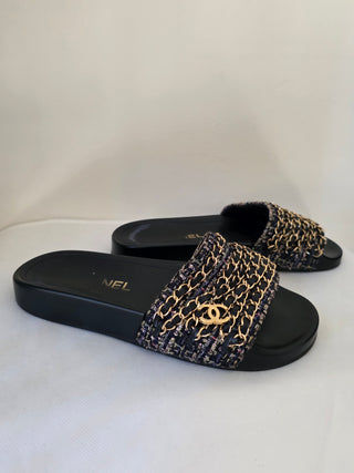 Chanel Black Leather 2016 Interlocking CC Logo Slides 36 sz