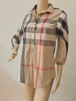 Burberry Brit Plaid Print Three-Quarter Sleeve Button-Up Top XS sz