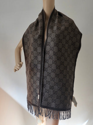 Gucci Blue brown GG Monogram Reversible wool oversized scarf