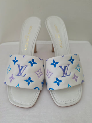 Louis Vuitton White Blue LV Monogram Leather Slides 40 sz