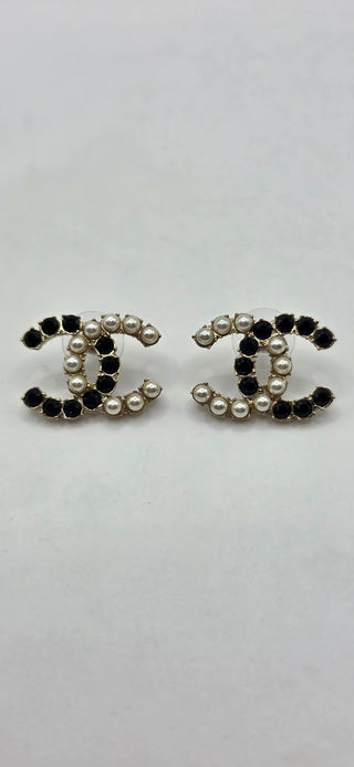 Chanel Gold-tone Faux Pearl Strass Interlocking CC Stud Earrings
