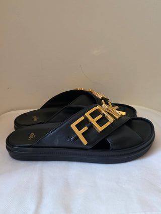 Fendi Black leather Gold-tone logos slides 38.5 sz
