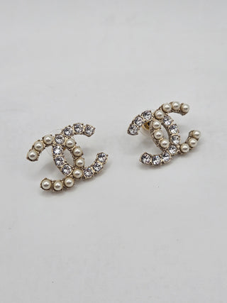 Chanel Gold-tone Faux Pearl Strass Interlocking CC Stud Earrings