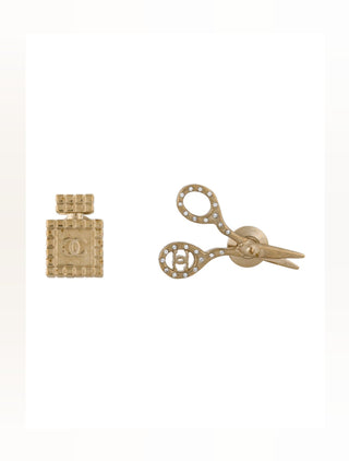 Chanel Gold-tone 2022 Strass CC Scissors Bottle Pin Set