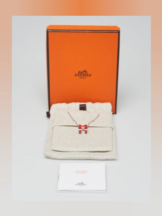 Hermes Red Enamel and Palladium Plated Pop H Pendant Necklace