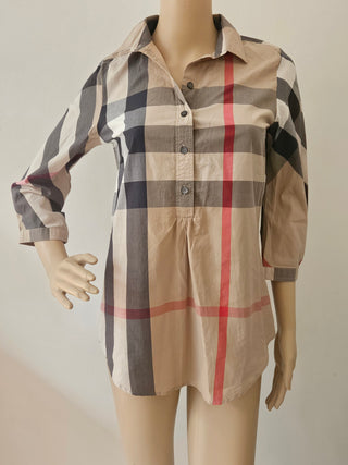 Burberry Brit Plaid Print Three-Quarter Sleeve Button-Up Top XS sz