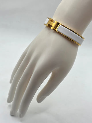 Hermes White Enamel Gold Plated Clic-H Narrow PM Bracelet