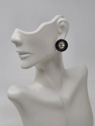 Chanel Gold-tone Black Enamel Interlocking CC Stud Earrings