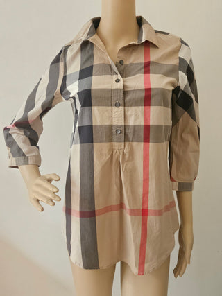 Burberry Brit Plaid Print Three-Quarter Sleeve Button-Up Top XS sz