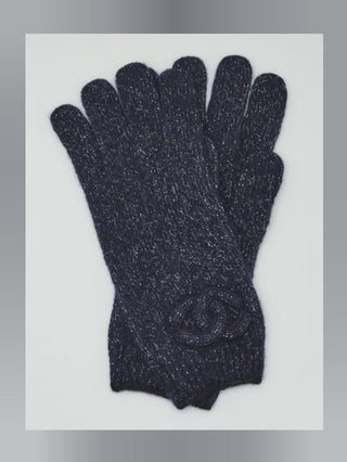 Chanel Dark Blue Metallic Cashmere Silk Knit CC Gloves