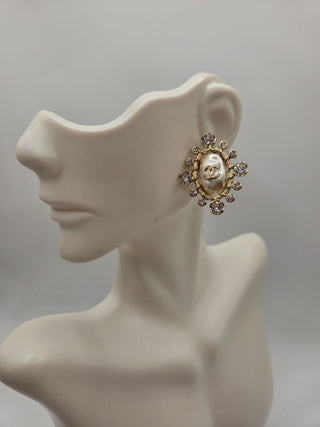 Chanel Golf-tone Pearl Strass Interlocking CC Stud Earrings