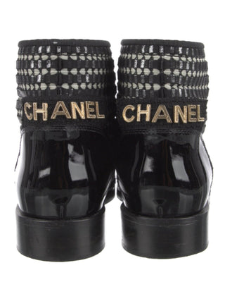 Chanel 2017 Tweed Pattern Logo Embellished Combat Boots 39 sz