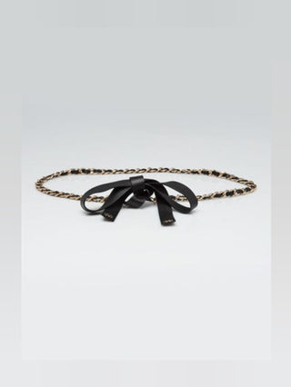 Chanel Black Leather Gold-tone Chain Entwined CC Logo Tie Belt L sz