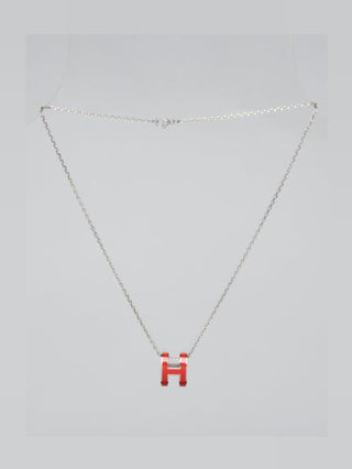 Hermes Red Enamel and Palladium Plated Pop H Pendant Necklace