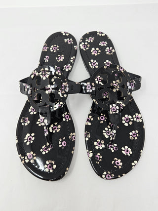 Tory Burch Black Floral Print patent leather Reva thong sandals 7 M