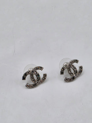 Chanel Silver-tone Strass Interlocking CC Stud Earrings