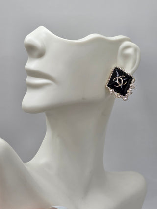 Chanel Gold-tone Blavk Strass Interlocking CC Stud Earrings