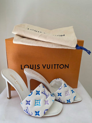 Louis Vuitton White Blue LV Monogram Leather Slides 40 sz