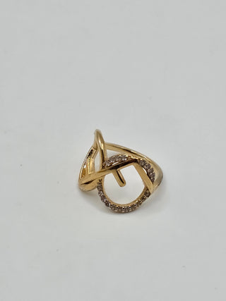 Fendi Gold-tone Crystal Embellished Logo Cocktail Ring M 7 sz