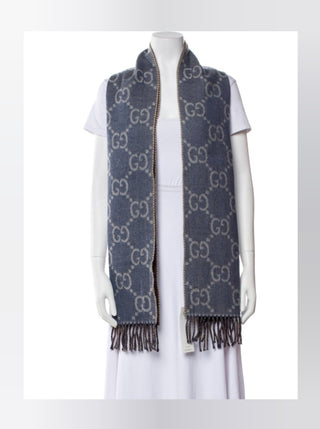 Gucci Blue brown GG Monogram Reversible wool oversized scarf