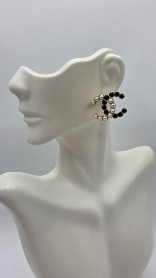 Chanel Gold-tone Faux Pearl Strass Interlocking CC Stud Earrings