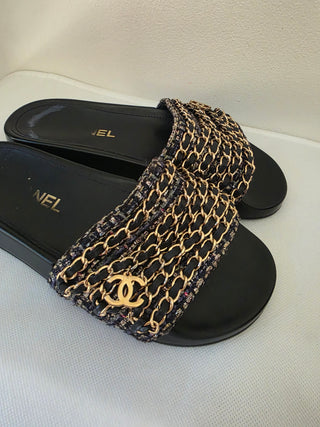 Chanel Black Leather 2016 Interlocking CC Logo Slides 36 sz