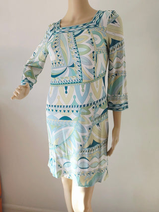 Emilio Pucci White green multicolor signature print long-sleeved summer dress 6 sz