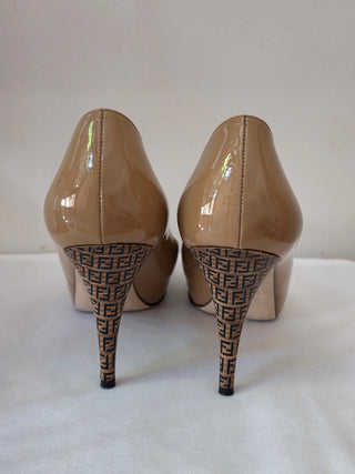 Fendi Brown Patent Leather FF Zucca Logo Pumps 40 sz