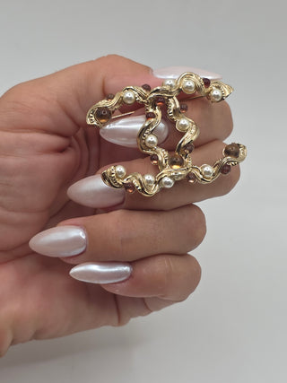 Chanel Gold-tone Faux Pearl Gripoix in CC Logo Brooch