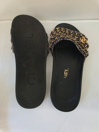 Chanel Black Leather 2016 Interlocking CC Logo Slides 36 sz