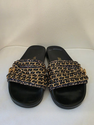 Chanel Black Leather 2016 Interlocking CC Logo Slides 36 sz
