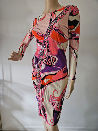Emilio Pucci Pink multicolor signature print long-sleeved dress 8 US sz