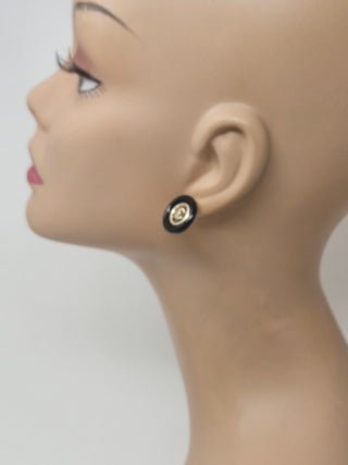 Chanel Gold-tone Black Enamel Interlocking CC Stud Earrings