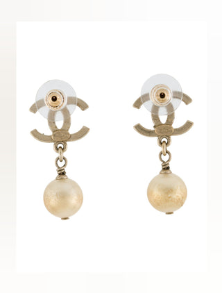 Chanel Gold-tone Faux Pearl Enamel CC Drop Earrings