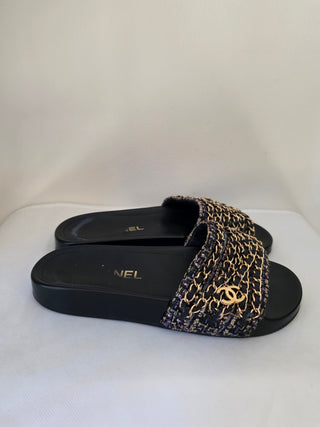 Chanel Black Leather 2016 Interlocking CC Logo Slides 36 sz