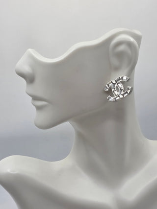 Chanel Silver-tone 2022 Strass Interlocking CC Mismatched Stud Earrings