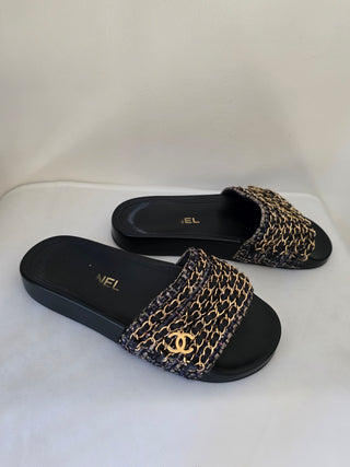 Chanel Black Leather 2016 Interlocking CC Logo Slides 36 sz