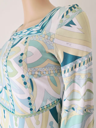 Emilio Pucci White green multicolor signature print long-sleeved summer dress 6 sz