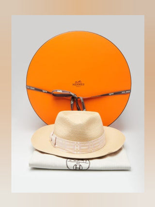 Hermès Beige Woven Straw Izia H Kilt Hat Size 59