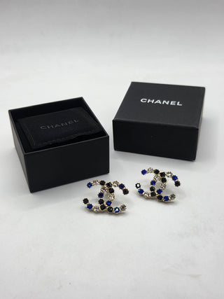 Chanel Gold Metal Multicolor Crystal CC Stud Earrings