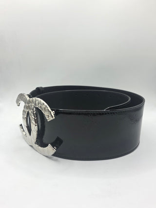 Chanel Black Patent Leather Interlocking CC Logo wide belt M sz