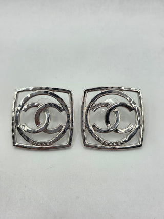 Chanel Silver-tone Interlocking CC Square Stud Earrings