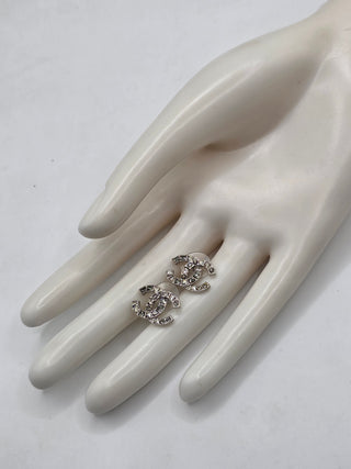 Chanel Silver-tone Strass Interlocking CC Stud Earrings