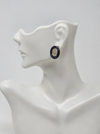 Chanel Gold-tone Black Enamel Interlocking CC Stud Earrings