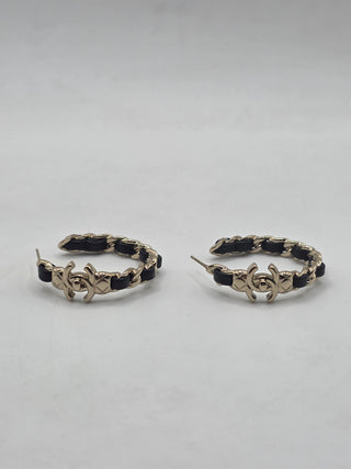 Chanel Gold-tone 2022 Leather Woven CC Turnlock Hoop Earrings