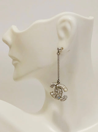 Chanel Silver-tone 2022 Strass Interlocking CC Drop Earrings