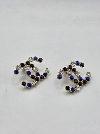 Chanel Gold Metal Multicolor Crystal CC Stud Earrings